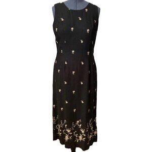 Vintage JACK MULQUEEN NY Women's Size 14 Black Linen Sheath Dress Tan Embroidery